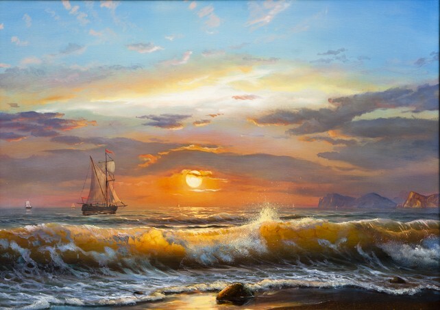 Oil painting on canvas - Rising sun with sailing ships at sea
